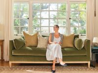 Rowe - Green Velvet Sofa With Gold And Beige Pillows Under Large Windows Home Decor Upholstery