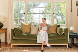 Rowe - Green Velvet Sofa With Gold And Beige Pillows Under Large Windows Home Decor Upholstery