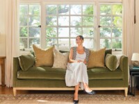 Rowe - Green Velvet Sofa With Gold And Beige Pillows Under Large Windows Home Decor Upholstery