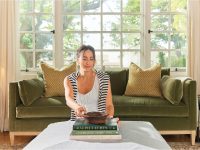 Rowe - Green Velvet Sofa With Gold Pillows Under Large Window Near Wooden Console Table Home Decor