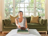 Rowe - Green Velvet Sofa With Gold Pillows Under Large Window Near Wooden Console Table Home Decor