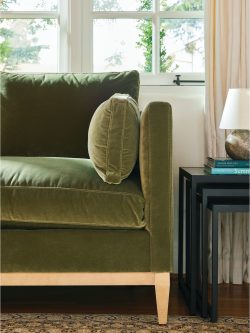 Rowe - Green Velvet Sofa With Plush Cushions Near Black Side Table Home Decor Upholstery
