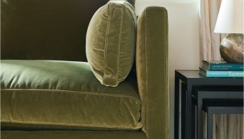 Rowe - Green Velvet Sofa With Plush Cushions Near Black Side Table Home Decor Upholstery