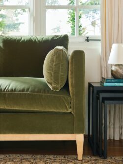 Rowe - Green Velvet Sofa With Plush Cushions Near Black Side Table Home Decor Upholstery