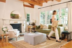 Rowe - Green Velvet Sofa With Plush Cushions Near White Armchair And Wooden Console Table In Home Decor Setting