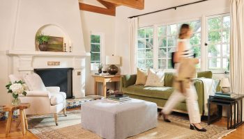 Rowe - Green Velvet Sofa With Plush Cushions Near White Armchair And Wooden Console Table In Home Decor Setting