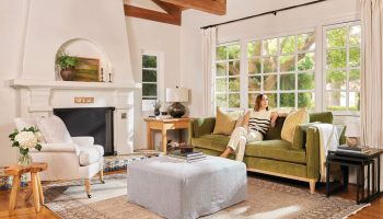 Rowe - Green Velvet Sofa With Plush Cushions Under Wooden Console Table Near Large Windows Home Decor