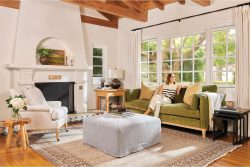 Rowe - Green Velvet Sofa With Plush Cushions Under Wooden Console Table Near Large Windows Home Decor
