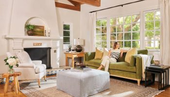 Rowe - Green Velvet Sofa With White Ottoman Under Large Windows, White Armchair, Wooden Console Table, Home Decor, Upholstery