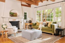 Rowe - Green Velvet Sofa With White Ottoman Under Large Windows, White Armchair, Wooden Console Table, Home Decor, Upholstery