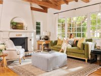 Rowe - Green Velvet Sofa With White Ottoman Under Large Windows, White Armchair, Wooden Console Table, Home Decor, Upholstery