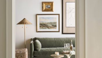 Rowe - Green Velvet Sofa With White Side Tables Under Framed Artwork Near Patterned Ottoman Home Decor