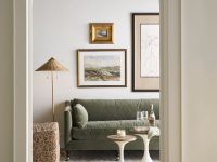 Rowe - Green Velvet Sofa With White Side Tables Under Framed Artwork Near Patterned Ottoman Home Decor