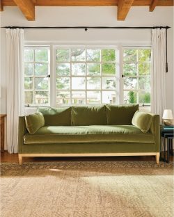 Rowe - Green Velvet Sofa With Wooden Legs On Patterned Rug Near Large Window, Home Decor, Upholstery