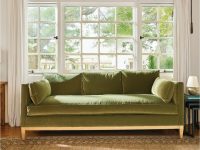 Rowe - Green Velvet Sofa With Wooden Legs On Patterned Rug Near Large Window, Home Decor, Upholstery