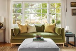 Rowe - Green Velvet Sofa With Yellow And Beige Pillows Under Large Window Near Side Table Home Decor