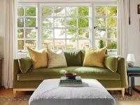 Rowe - Green Velvet Sofa With Yellow And Beige Pillows Under Large Window Near Side Table Home Decor