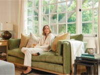 Rowe - Green Velvet Sofa With Yellow And Beige Pillows Under Large Windows Near Wooden Side Table Home Decor