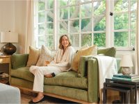 Rowe - Green Velvet Sofa With Yellow And Beige Pillows Under Large Windows Near Wooden Side Table Home Decor