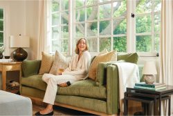 Rowe - Green Velvet Sofa With Yellow Pillows Near Large Window Home Decor Upholstery