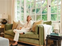 Rowe - Green Velvet Sofa With Yellow Pillows Near Large Window Home Decor Upholstery