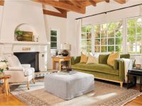 Rowe - Green Velvet Sofa With Yellow Pillows Near White Armchair And Fireplace, Home Decor, Upholstery, Wooden Beams