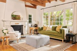 Rowe - Green Velvet Sofa With Yellow Pillows Near White Armchair And Fireplace, Home Decor, Upholstery, Wooden Beams