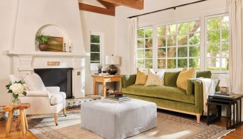 Rowe - Green Velvet Sofa With Yellow Pillows Near White Armchair And Fireplace, Home Decor, Upholstery, Wooden Beams