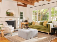 Rowe - Green Velvet Sofa With Yellow Pillows Near White Armchair And Fireplace, Home Decor, Upholstery, Wooden Beams