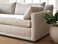 Rowe - Light Beige Sofa With Plush Cushions Near Potted Plant On Sisal Rug Upholstery Home Decor