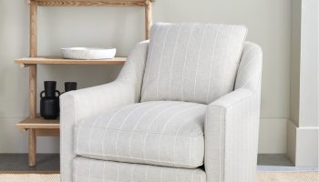 Rowe - Light Gray Swivel Armchair With Striped Upholstery Near Wooden Shelf Home Decor