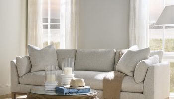 Rowe - Light Grey Sofa With Plush Cushions Near Large Windows, With Wooden Coffee Table, Home Decor, Upholstery