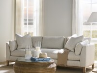 Rowe - Light Grey Sofa With Plush Cushions Near Large Windows, With Wooden Coffee Table, Home Decor, Upholstery