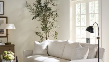 Rowe - Light Grey Sofa With Plush Cushions Under Large Window Near Black Floor Lamp Home Decor