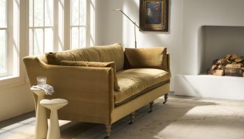 Rowe - Mustard Yellow Sofa With Plush Cushions Near White Side Table Under Large Window In Home Decor Setting