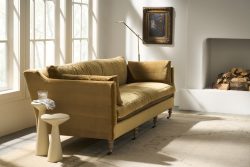 Rowe - Mustard Yellow Sofa With Plush Cushions Near White Side Table Under Large Window In Home Decor Setting