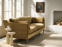 Rowe - Mustard Yellow Sofa With Plush Cushions Near White Side Table Under Large Window In Home Decor Setting