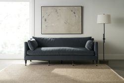 Rowe - Navy Blue Sofa With Plush Cushions On Beige Rug Under Abstract Art Near Floor Lamp