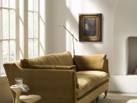Rowe - Olive Velvet Sofa With Plush Cushions Near White Side Tables Under Large Windows Home Decor