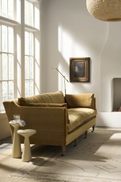 Rowe - Olive Velvet Sofa With Plush Cushions Near White Side Tables Under Large Windows Home Decor