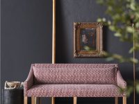 Rowe - Pink Patterned Sofa With Wooden Legs Near Wooden Console Table And Framed Art Home Decor