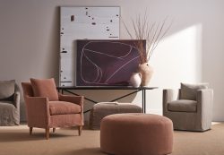 Rowe - Red Armchair And Ottoman With Brown Armchair Under Abstract Art Near Vase Home Decor