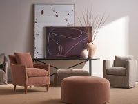 Rowe - Red Armchair And Ottoman With Brown Armchair Under Abstract Art Near Vase Home Decor