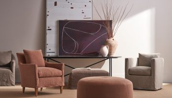 Rowe - Red Armchair And Ottoman With Brown Armchair Under Abstract Art Near Vase Home Decor