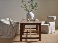 Rowe - Rustic Wooden Table With Two Beige Slipcovered Armchairs, White Vase With Greenery, Home Decor