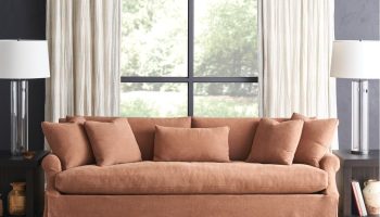 Rowe - Rusty Brown Sofa With Plush Cushions Under Large Window Near Lamps Home Decor