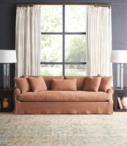 Rowe - Rusty Brown Sofa With Plush Cushions Under Large Window Near Lamps Home Decor
