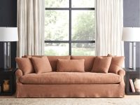 Rowe - Rusty Brown Sofa With Plush Cushions Under Large Window Near Lamps Home Decor
