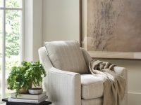 Rowe - Striped Beige Armchair With Throw Blanket Near Black Side Table And Large Framed Art In Home Decor Setting