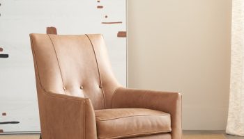 Rowe - Tan Leather Armchair With Button Tufting On Light Rug Near Abstract Art Home Decor